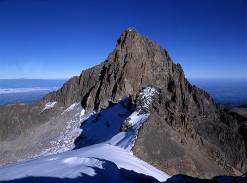The snow-cap of Mount Kenya and the chogoria trekking route
